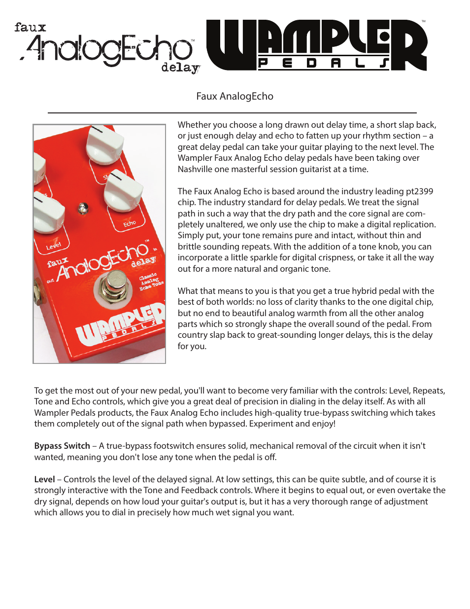 Wampler Pedals Faux AnalogEcho User Manual | 2 pages