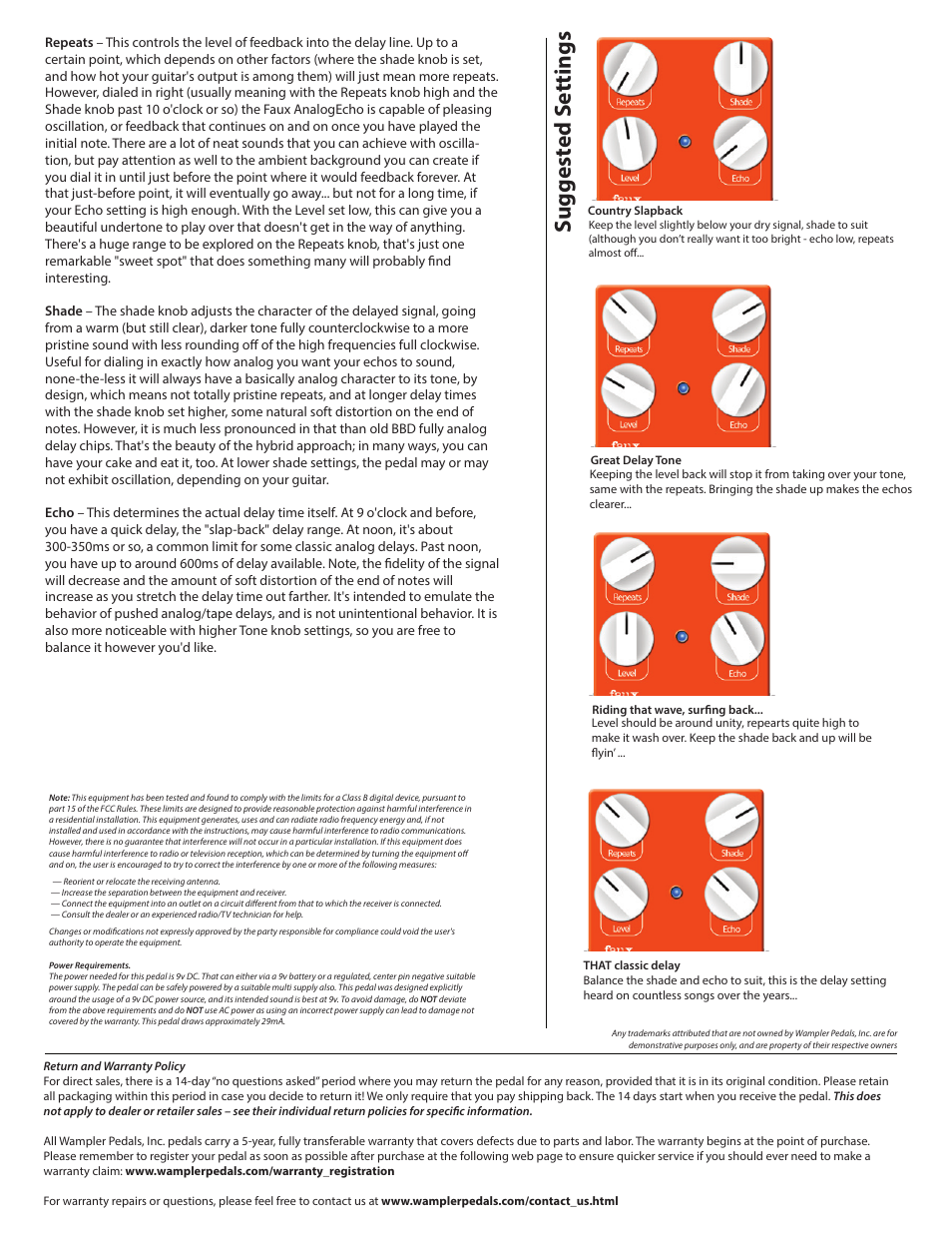 Fae2, Suggest ed s ettings | Wampler Pedals Faux AnalogEcho User Manual | Page 2 / 2