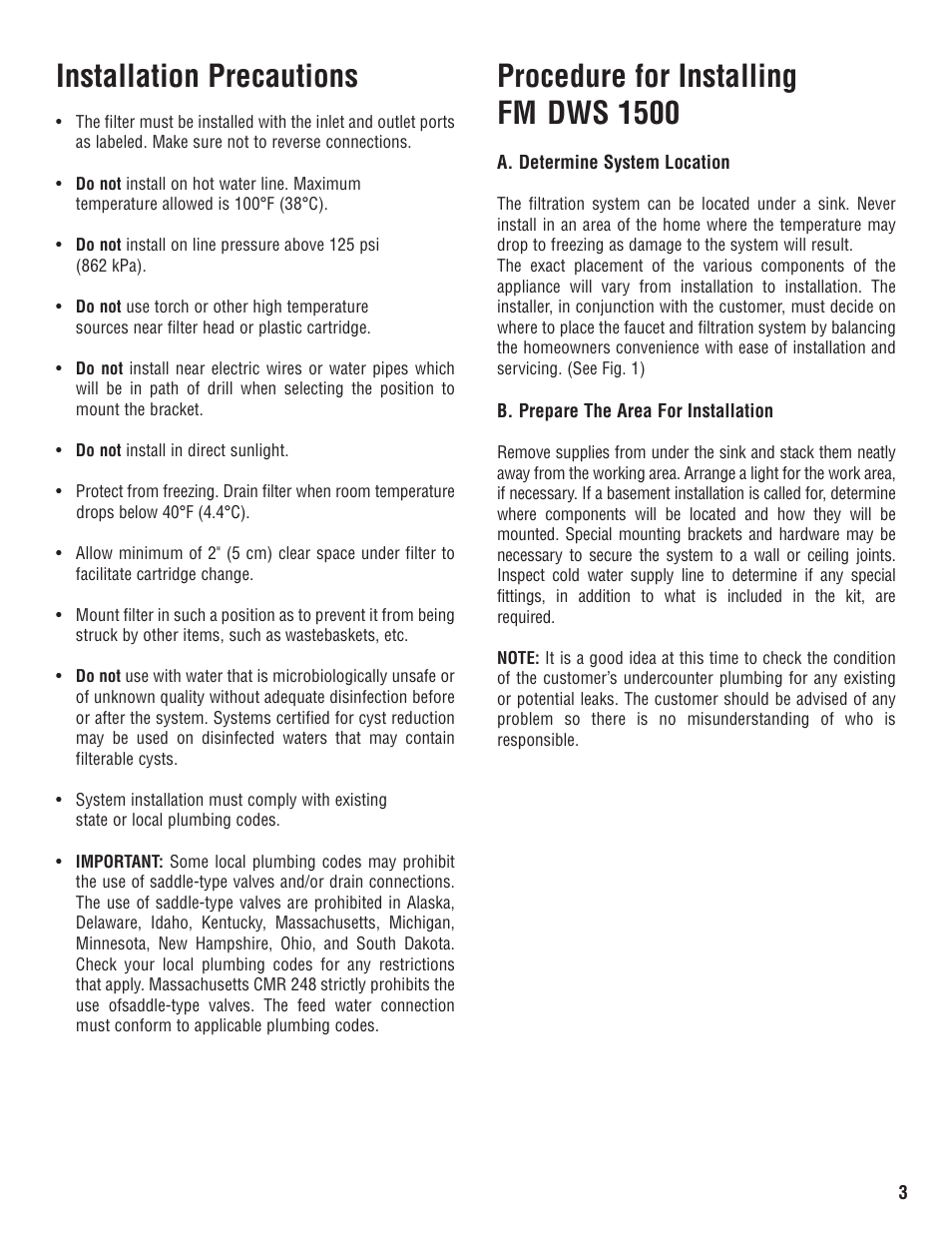 Installation precautions, Procedure for installing fm dws 1500 | Water Factory Systems FM1500 Faucet User Manual | Page 3 / 10