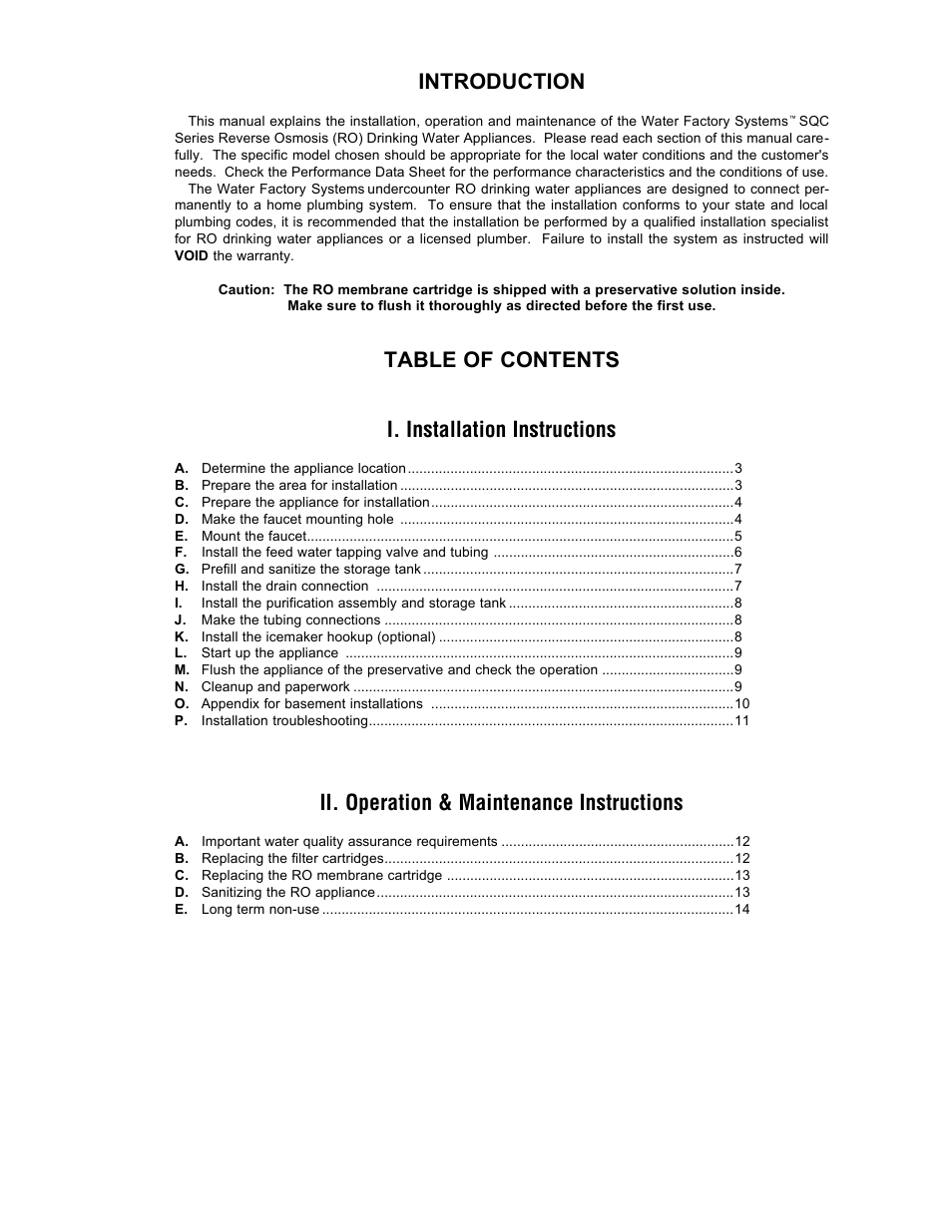 Introduction, Table of contents i. installation instructions, Ii. operation & maintenance instructions | Water Factory Systems SQC Pro User Manual | Page 2 / 16