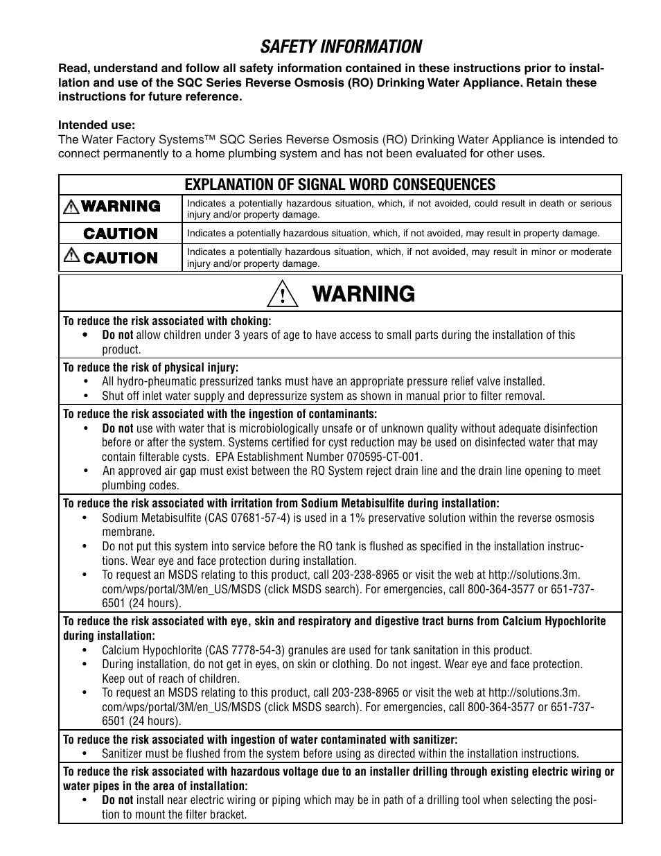 Safety information, Explanation of signal word consequences | Water Factory Systems SQC 4 User Manual | Page 3 / 20