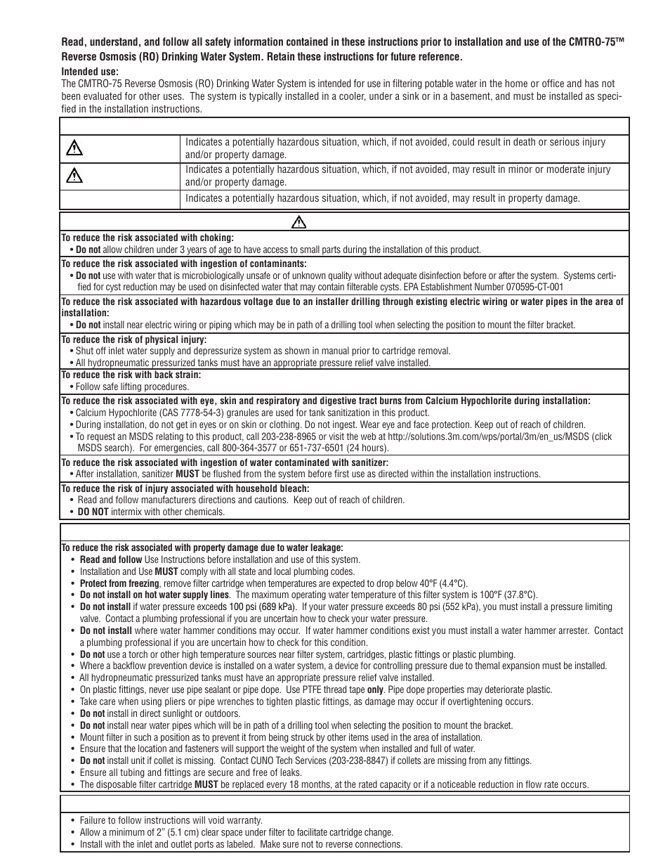 Safety information, Warning, Ccaution warning | Caution, Explanation of signal word consequences | Water Factory Systems CMTRO-75 User Manual | Page 2 / 8