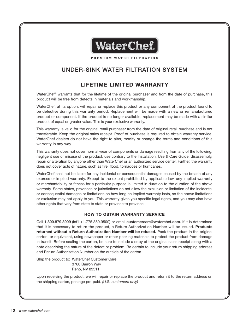 Under-sink water filtration system, Lifetime limited warranty | WaterChef U9000 User Manual | Page 14 / 16