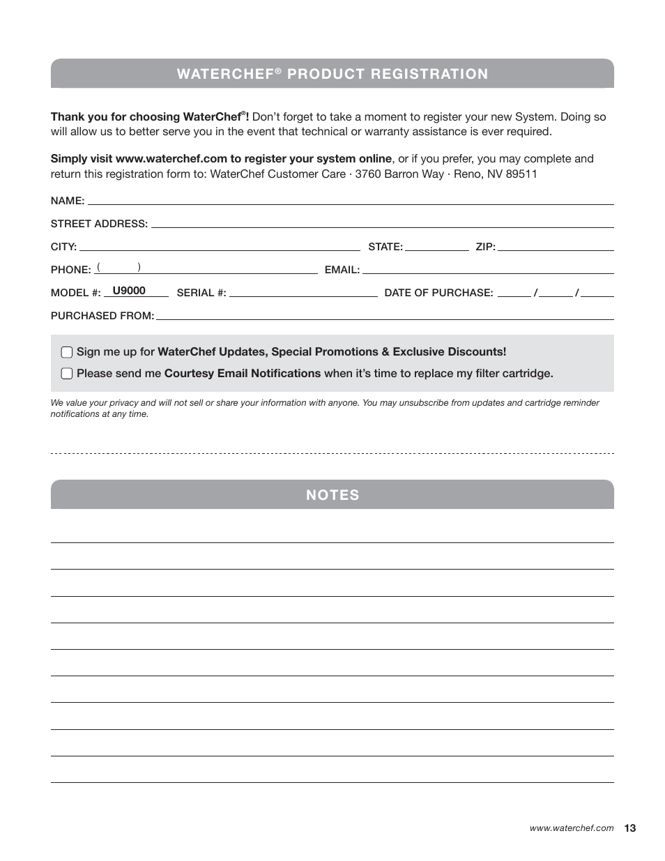 Waterchef, Product registration | WaterChef U9000 User Manual | Page 15 / 16
