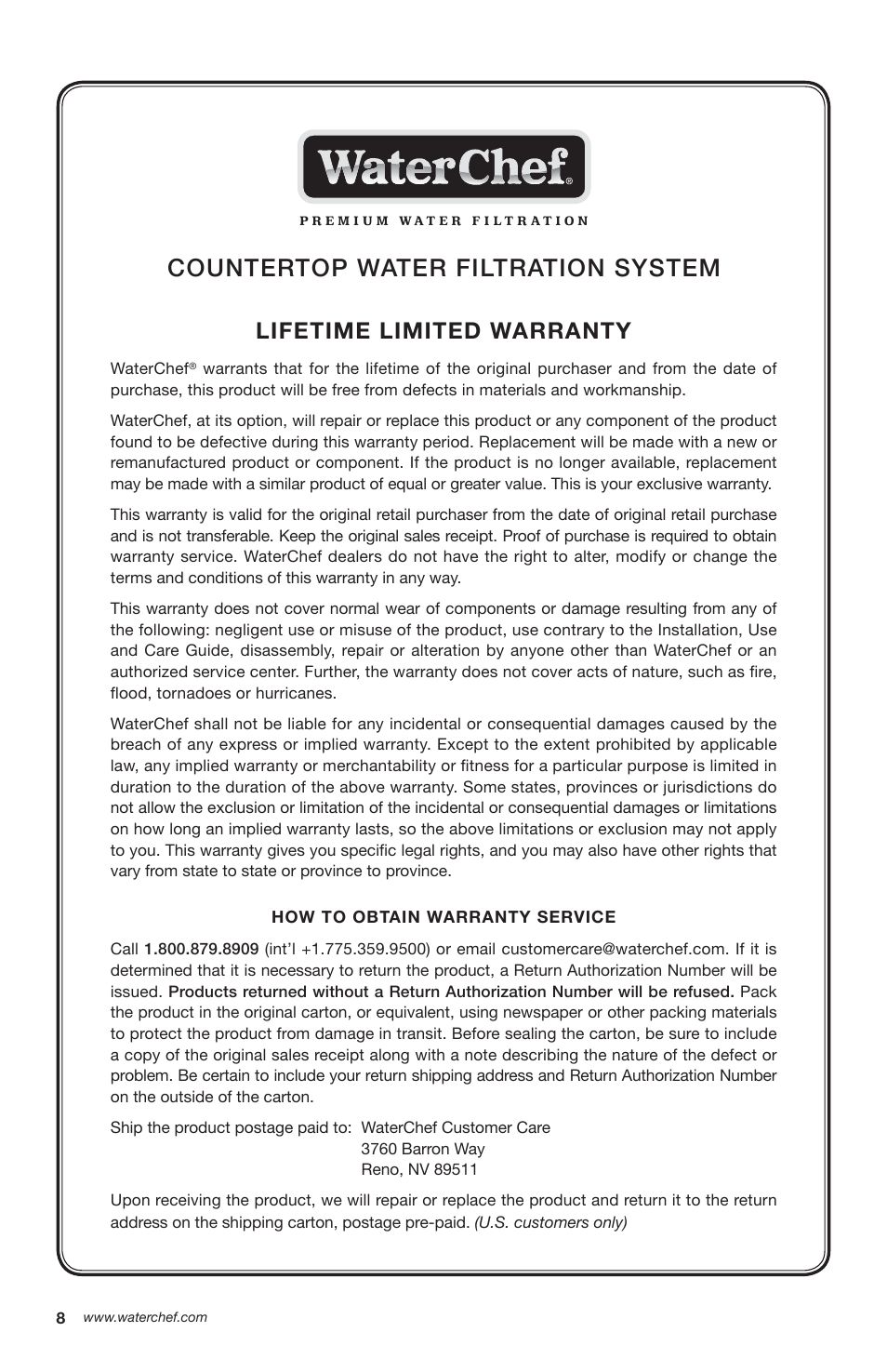 Countertop water filtration system, Lifetime limited warranty | WaterChef C7000 User Manual | Page 10 / 12