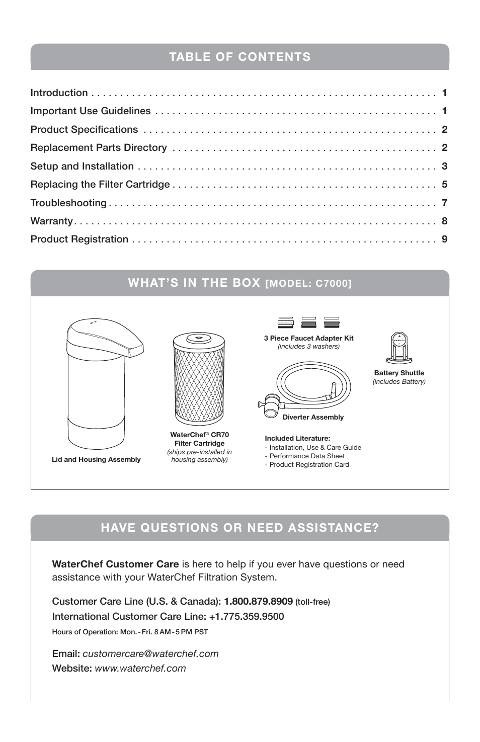 Table of contents what’s in the box, Have questions or need assistance, Model: c7000 | WaterChef C7000 User Manual | Page 2 / 12