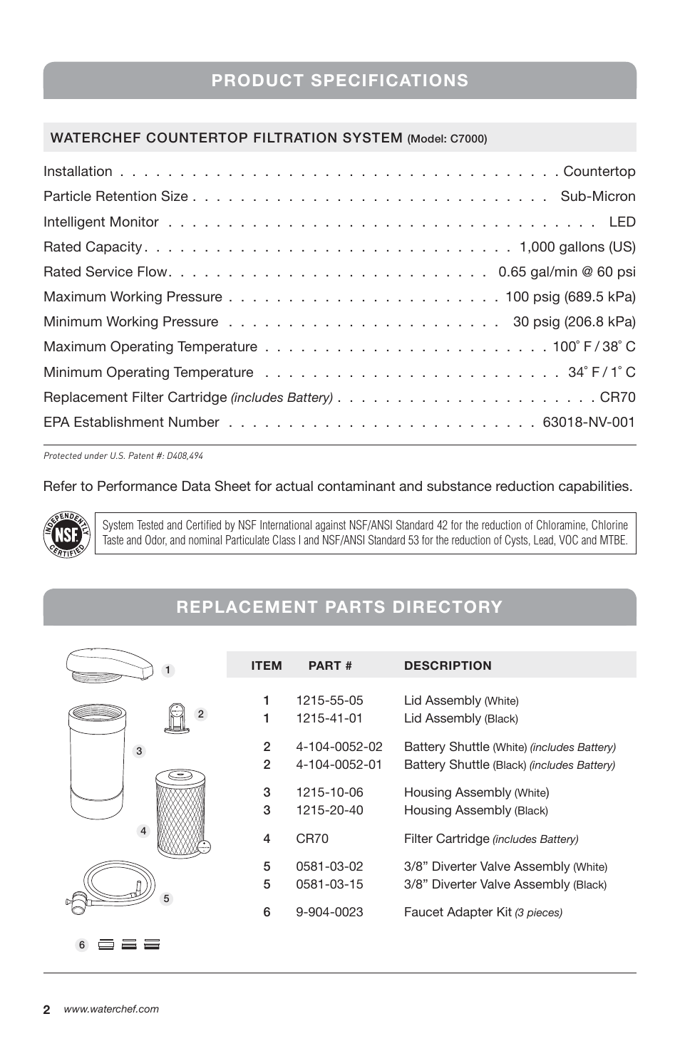 Product specifications, Replacement parts directory | WaterChef C7000 User Manual | Page 4 / 12