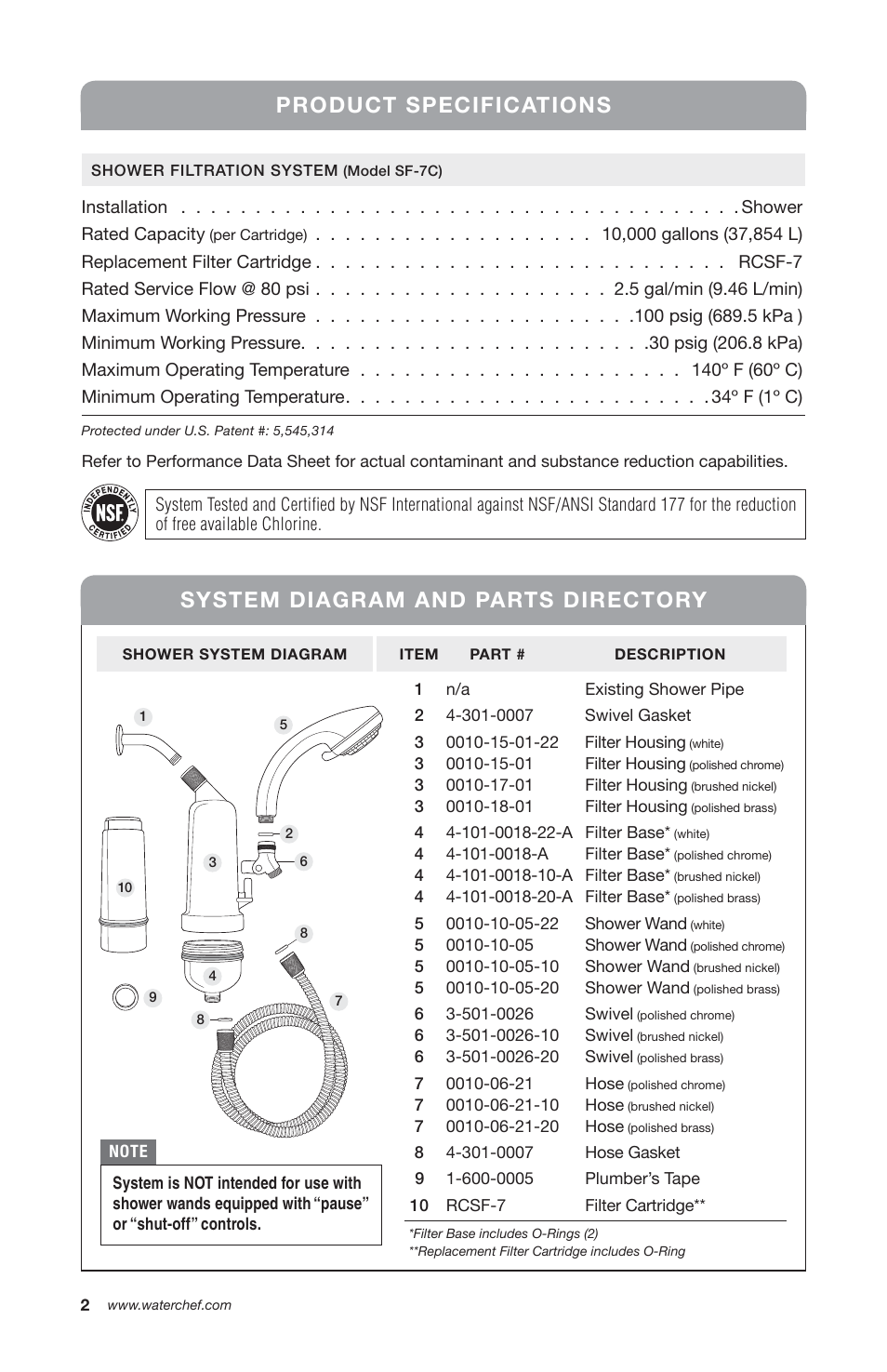 Product specifications, System diagram and parts directory | WaterChef SF-7C User Manual | Page 4 / 8