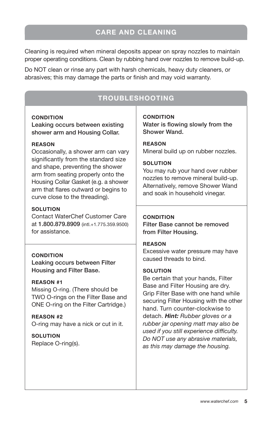 Care and cleaning troubleshooting | WaterChef SF-7C User Manual | Page 7 / 8