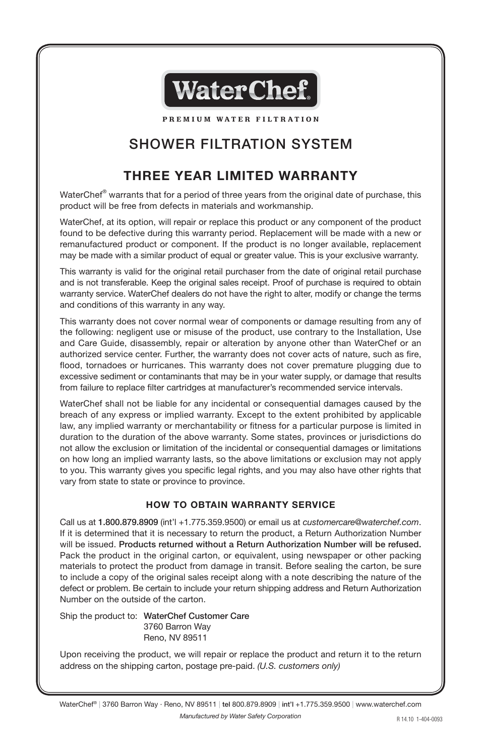 Shower filtration system, Three year limited warranty | WaterChef SF-7C User Manual | Page 8 / 8