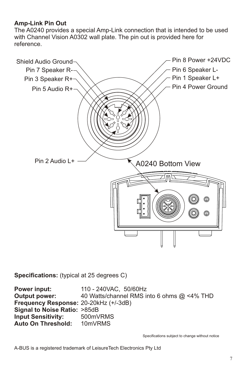 Ir receiver audio source | Channel Vision A0240 User Manual | Page 7 / 8