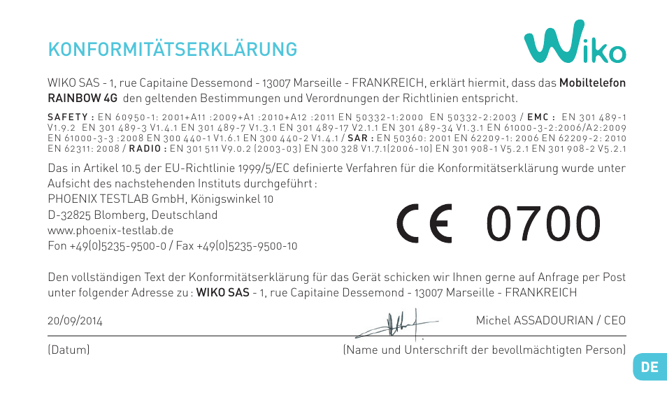 Konformitätserklärung | Wiko RAINBOW 4G User Manual | Page 145 / 218