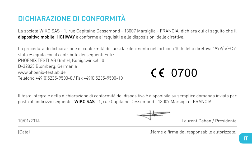 Dichiarazione di conformità | Wiko HIGHWAY User Manual | Page 73 / 194