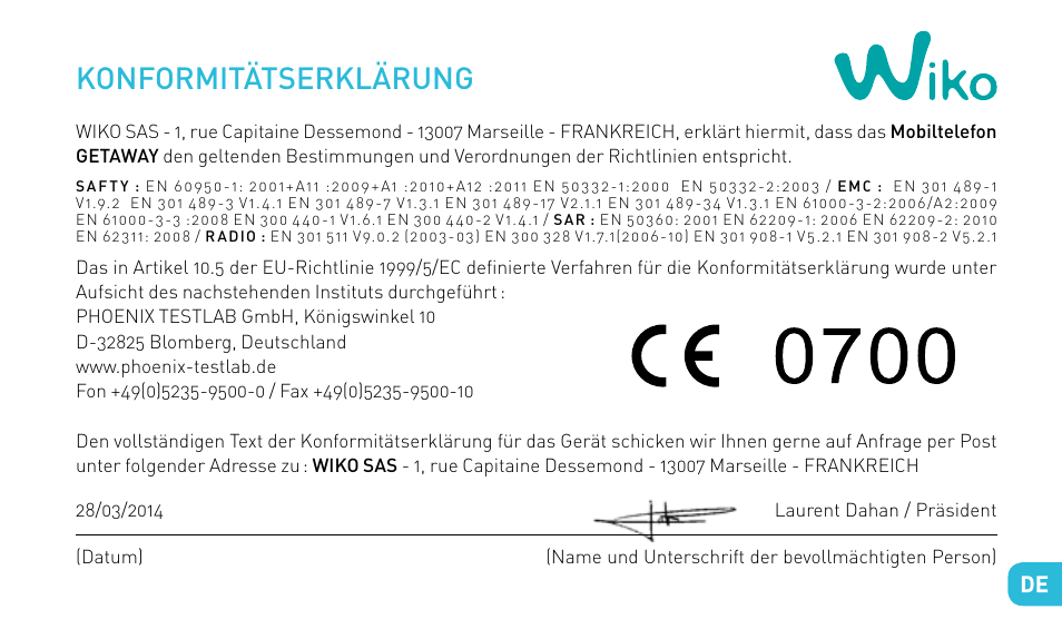 Konformitätserklärung | Wiko GETAWAY User Manual | Page 145 / 194