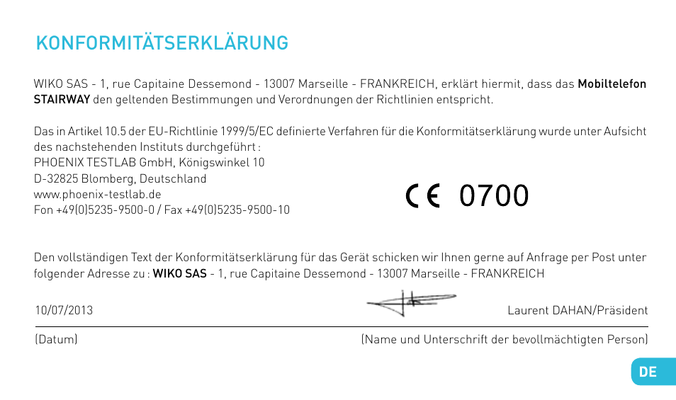 Konformitätserklärung | Wiko STAIRWAY User Manual | Page 135 / 180