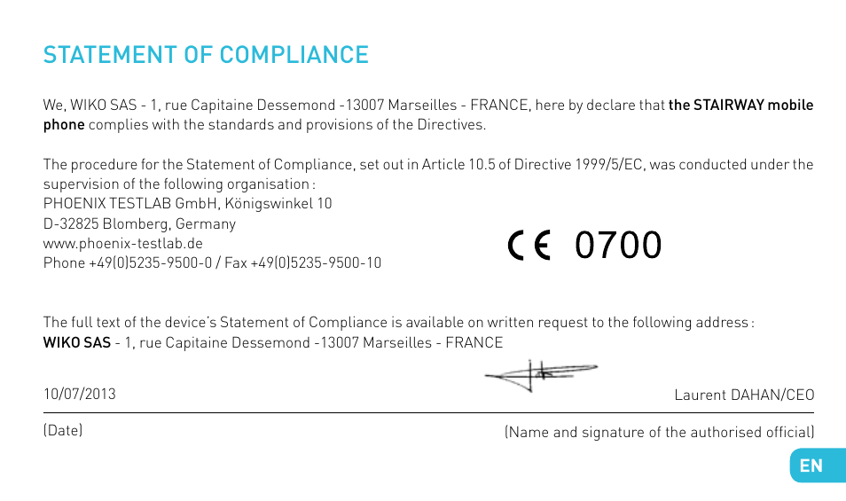 Statement of compliance | Wiko STAIRWAY User Manual | Page 47 / 180
