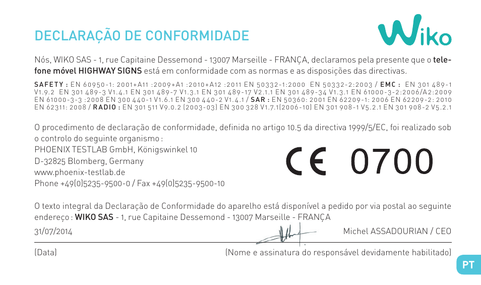 Declaração de conformidade | Wiko HIGHWAY SIGNS User Manual | Page 121 / 218