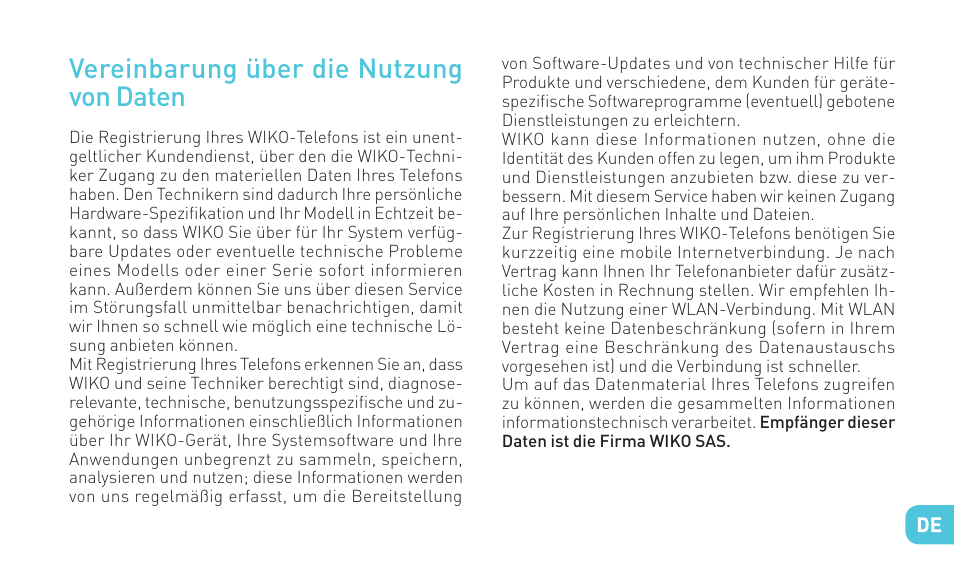 Vereinbarung über die nutzung von daten | Wiko HIGHWAY SIGNS User Manual | Page 143 / 218