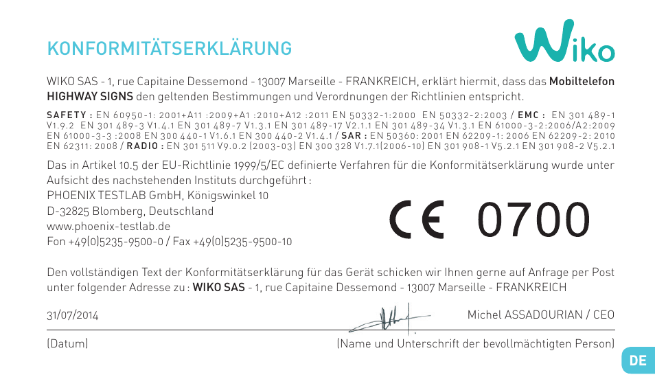 Konformitätserklärung | Wiko HIGHWAY SIGNS User Manual | Page 145 / 218