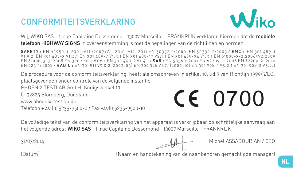 Conformiteitsverklaring | Wiko HIGHWAY SIGNS User Manual | Page 169 / 218