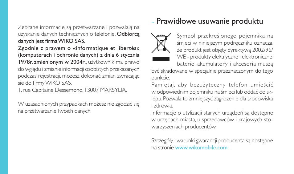 Prawidłowe usuwanie produktu | Wiko HIGHWAY SIGNS User Manual | Page 214 / 218