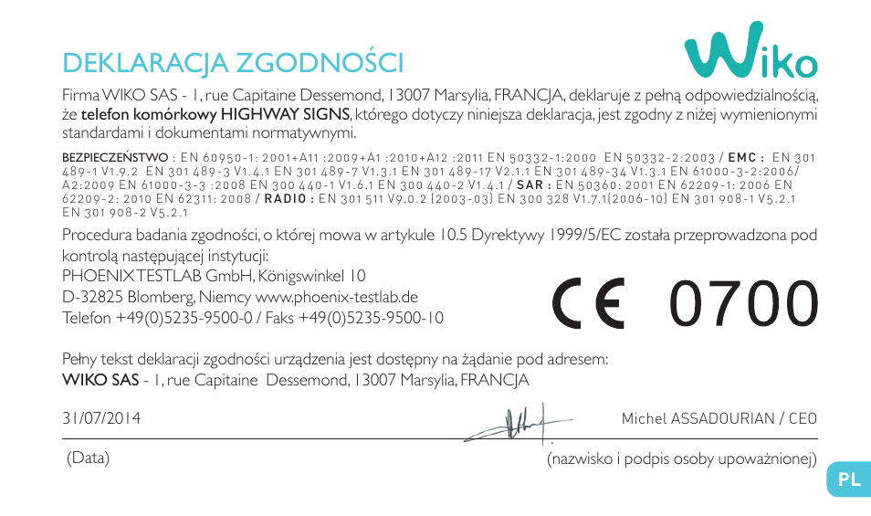 Deklaracja zgodności | Wiko HIGHWAY SIGNS User Manual | Page 215 / 218