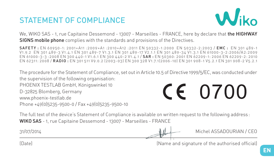 Statement of compliance | Wiko HIGHWAY SIGNS User Manual | Page 25 / 218