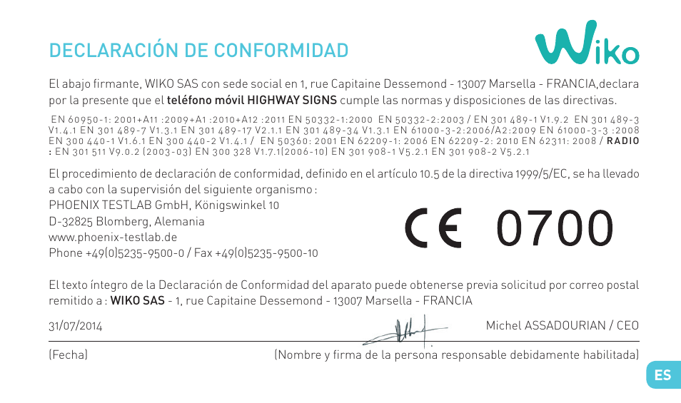 Declaración de conformidad | Wiko HIGHWAY SIGNS User Manual | Page 97 / 218
