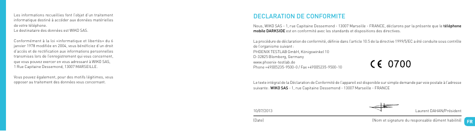 Declaration de conformite | Wiko DARKSIDE User Manual | Page 13 / 97