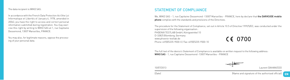 Statement of compliance | Wiko DARKSIDE User Manual | Page 25 / 97