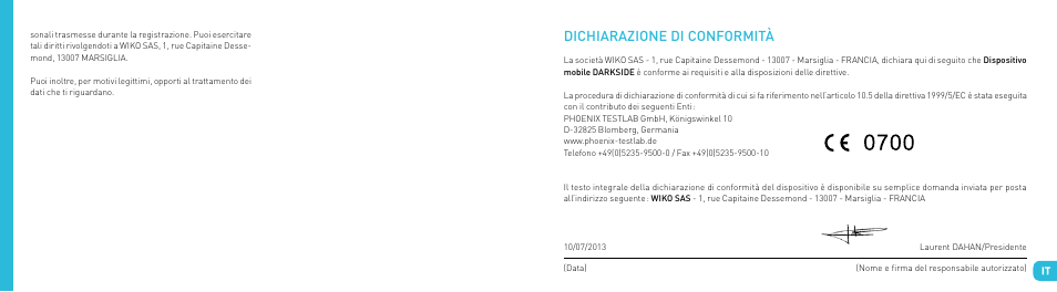 Dichiarazione di conformità | Wiko DARKSIDE User Manual | Page 37 / 97