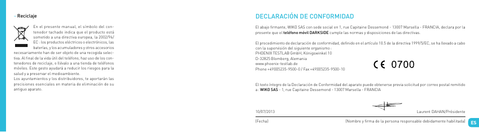 Declaración de conformidad | Wiko DARKSIDE User Manual | Page 49 / 97