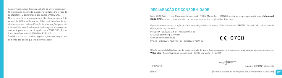 Declaração de conformidade | Wiko DARKSIDE User Manual | Page 61 / 97