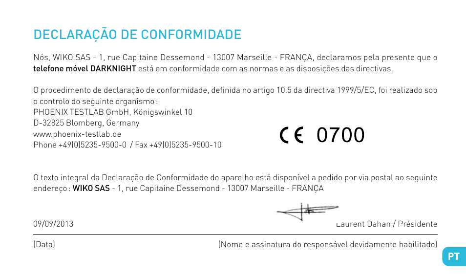 Declaração de conformidade | Wiko DARKNIGHT User Manual | Page 121 / 194