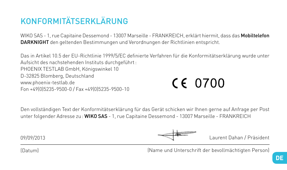 Konformitätserklärung | Wiko DARKNIGHT User Manual | Page 145 / 194