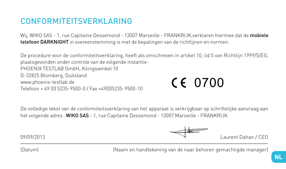 Conformiteitsverklaring | Wiko DARKNIGHT User Manual | Page 169 / 194