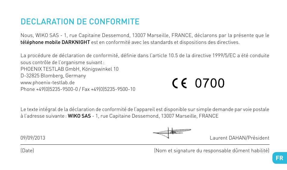 Declaration de conformite | Wiko DARKNIGHT User Manual | Page 25 / 194
