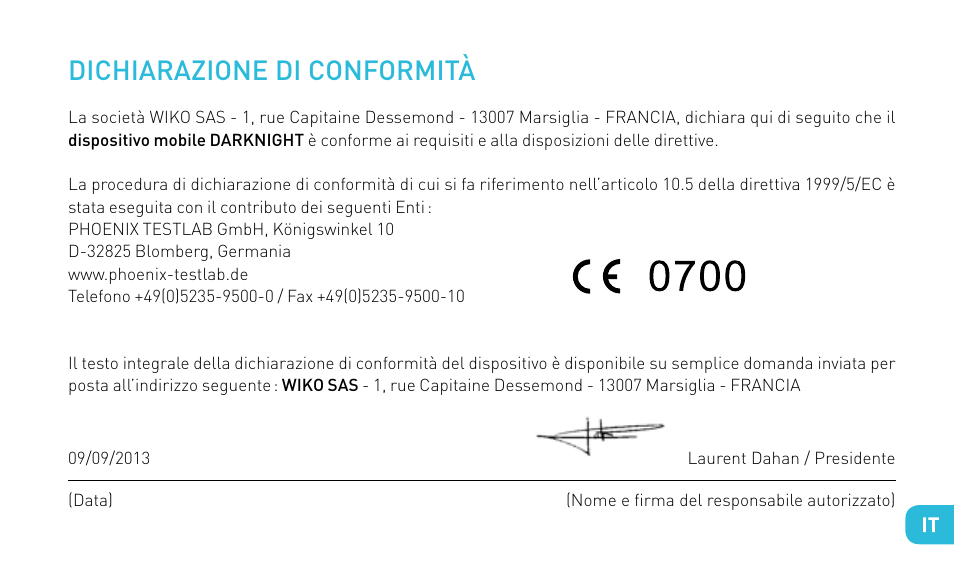 Dichiarazione di conformità | Wiko DARKNIGHT User Manual | Page 73 / 194