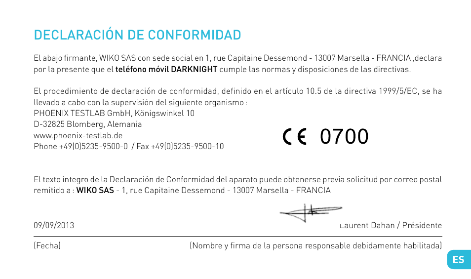 Declaración de conformidad | Wiko DARKNIGHT User Manual | Page 97 / 194