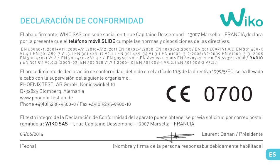 Declaración de conformidad | Wiko SLIDE User Manual | Page 105 / 210