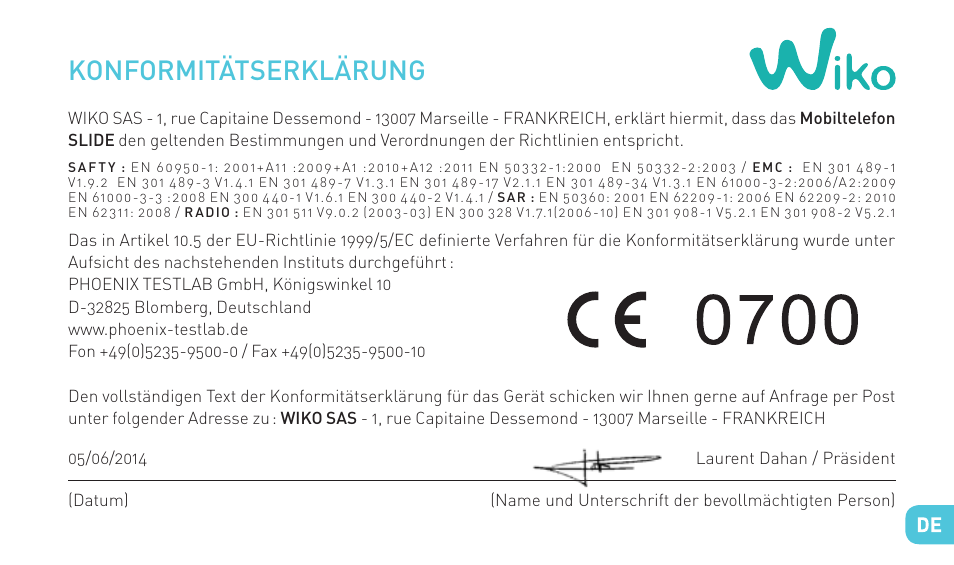 Konformitätserklärung | Wiko SLIDE User Manual | Page 157 / 210