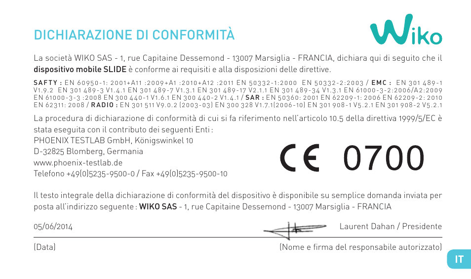 Dichiarazione di conformità | Wiko SLIDE User Manual | Page 79 / 210