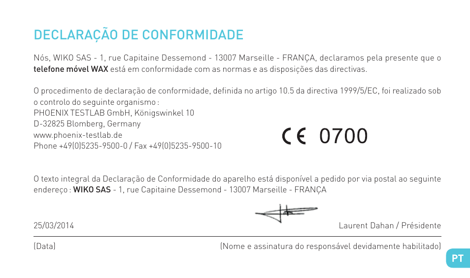 Declaração de conformidade | Wiko WAX 4G User Manual | Page 121 / 194