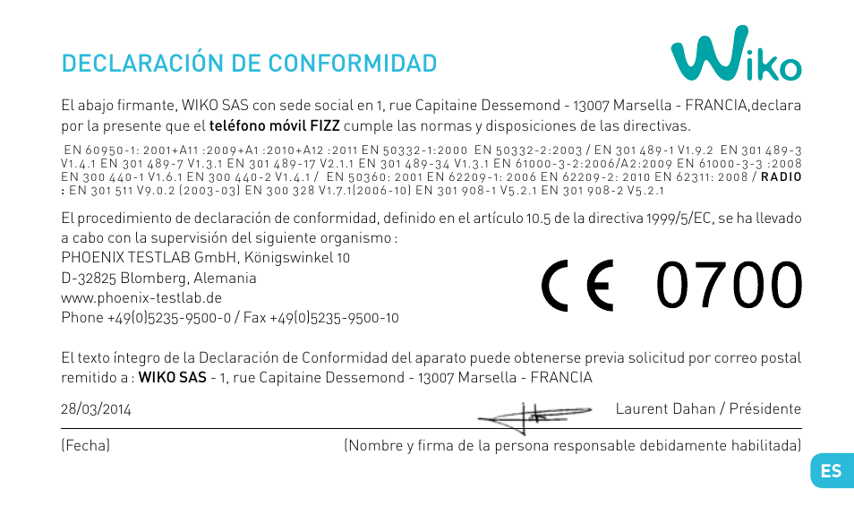 Declaración de conformidad | Wiko FIZZ User Manual | Page 105 / 210