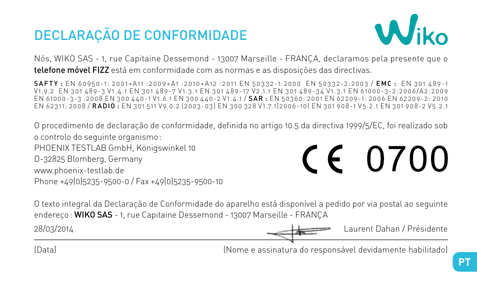 Declaração de conformidade | Wiko FIZZ User Manual | Page 131 / 210