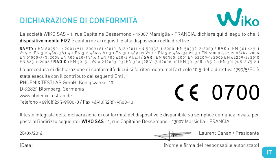 Dichiarazione di conformità | Wiko FIZZ User Manual | Page 79 / 210