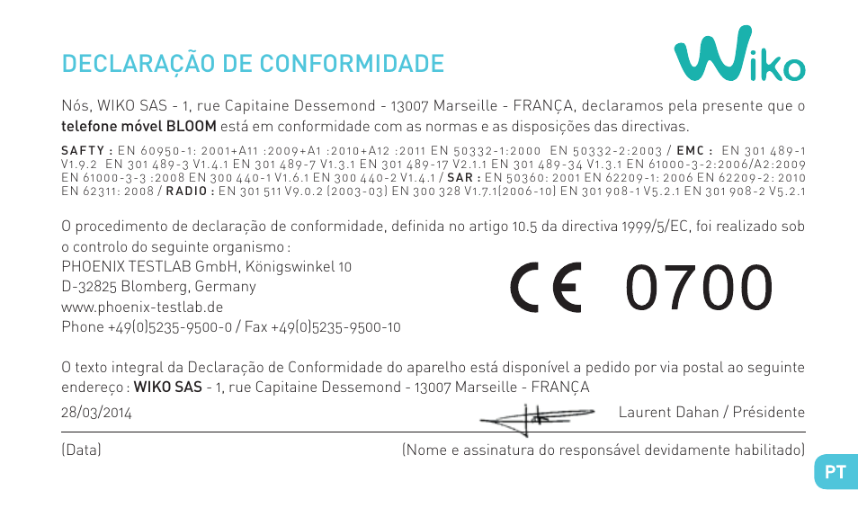 Declaração de conformidade | Wiko BLOOM User Manual | Page 131 / 236