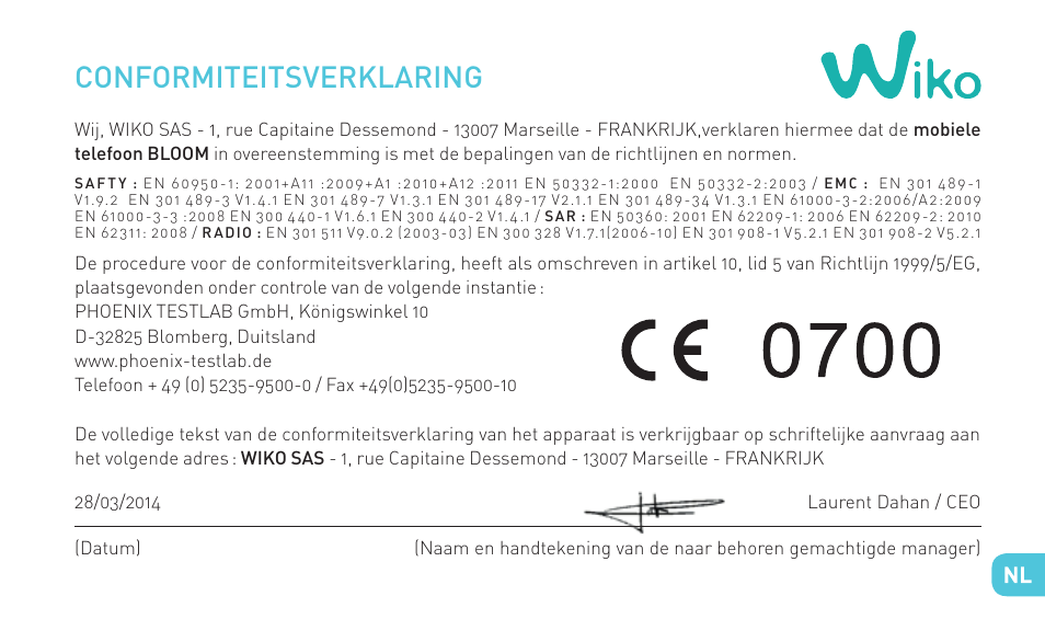 Conformiteitsverklaring | Wiko BLOOM User Manual | Page 183 / 236