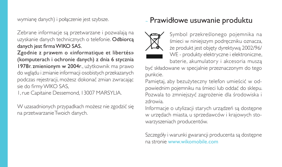 Prawidłowe usuwanie produktu | Wiko BLOOM User Manual | Page 232 / 236