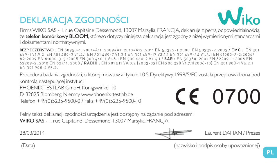 Deklaracja zgodności | Wiko BLOOM User Manual | Page 233 / 236